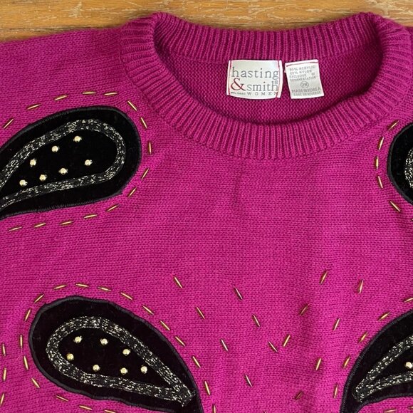 Vintage Velvet Paisley & Beaded Sweater Plus Size 2X 1980s Pink Knit Acrylic - Picture 3 of 5